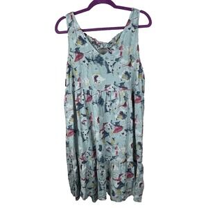 Bellambra Linen Dress Medium Blue Watercolor Abstract Shift Halter Sleeveless